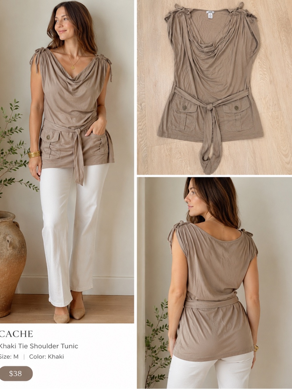 Cache Khaki Tie-Shoulder Cowl Neck Tunic